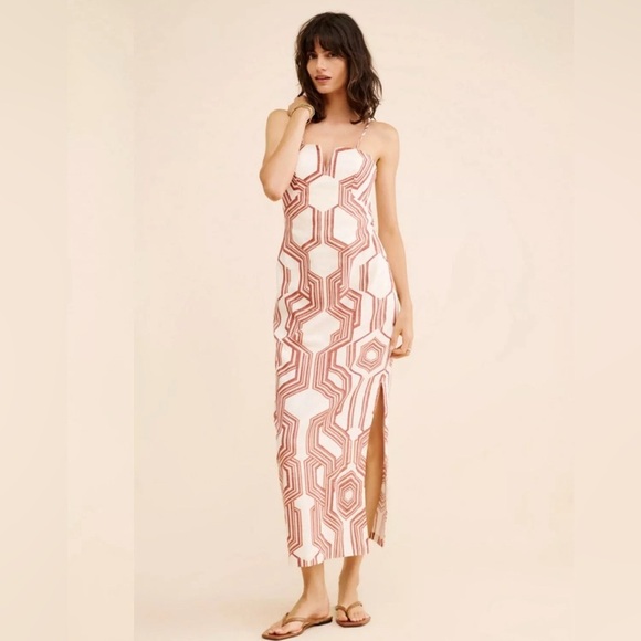 By Anthropologie Strapless Linen Plunge-neck MIDI Dress Size 14 NWT BROWN motif - Picture 7 of 17